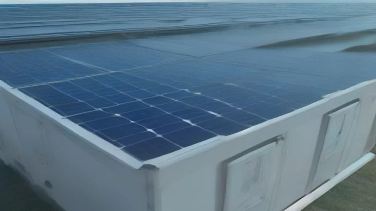 A solar array with battery cabinets under a clear sky, seen from a close three-quarter view